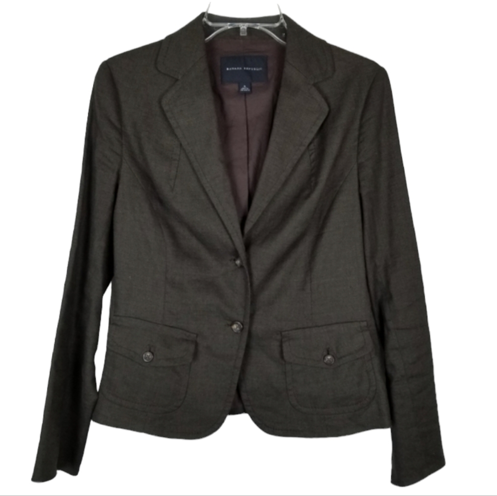 Banana Republic Womens Two Button Linen Blend Blazer Size 4 Brown Flap Pocket